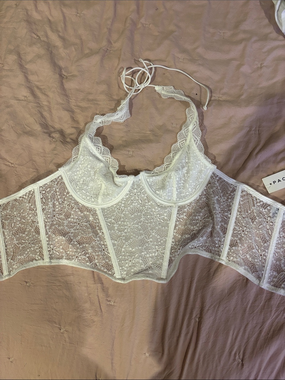 Sheer Lace Halter Bralette - White